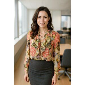 Lauren Ralph Lauren Floral Womens M Blouse Ruffle Lace-Up Romantic Boho Cottage